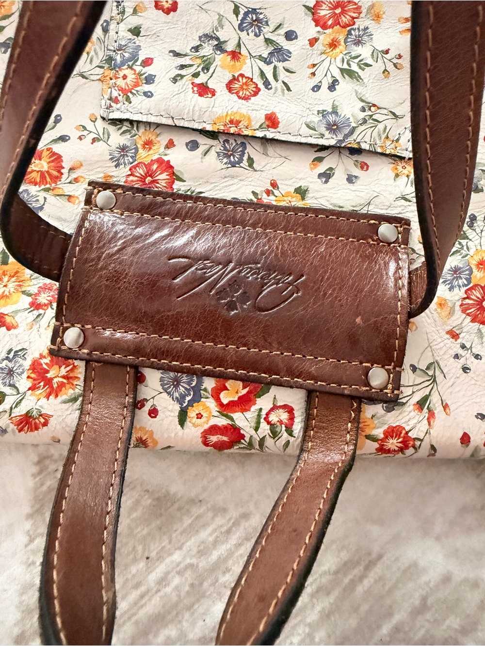 Floral Print Bookbag Bag with Brown Leather Trim